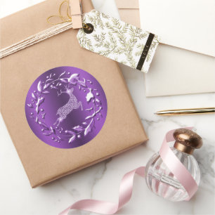 Paarse en diamanten rendier, kerstkrans ronde sticker