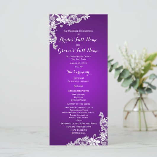 Paarse en  Floral Lace Wedding Program Programma (Staand voorkant)