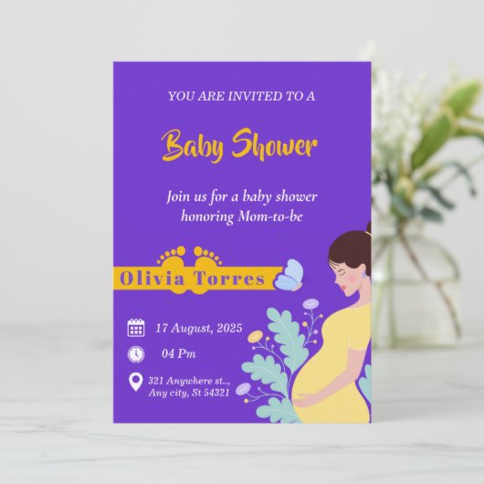 Paarse en Gele Baby shower, Moederschap Thema Kaart (Staand voorkant)
