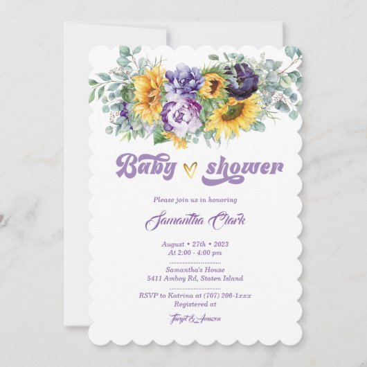 Paarse en Gele Baby shower Uitnodiging (Voorkant)