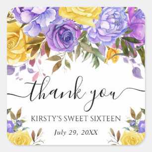 Paarse en Gele Bloemen Sweet Sixteen Vierkante Sticker