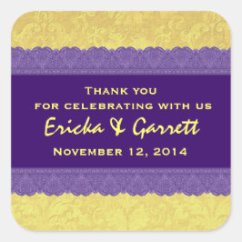 Paarse en Gele Damask Dank u Bruiloft R322 Vierkante Sticker