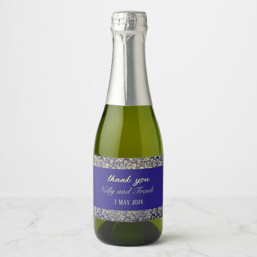 Paarse en gele damast bruiloft sparkling wijnetiket (Voorkant)