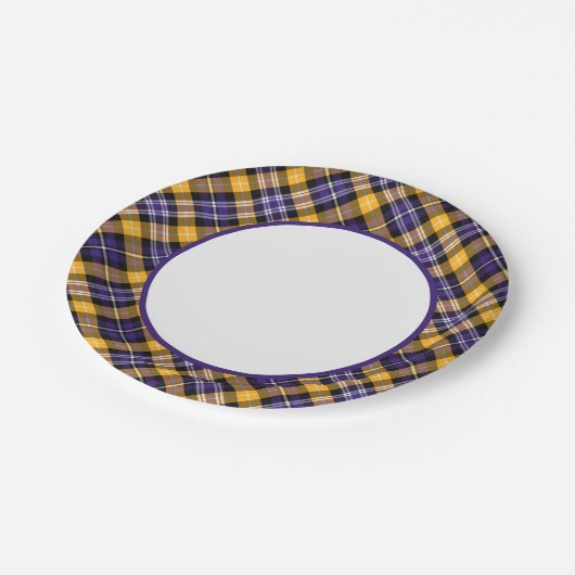 Paarse en gele goudverankerde grens papieren bordje (Gekanteld)