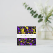 Paarse en gele schildpad op zwart vierkante visitekaartje (Staand voorkant)