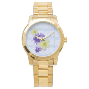 Paarse en gele vloer Blad Muziek Gold Watch Horloge