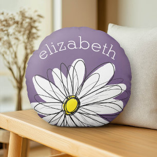 Paarse en gele whimsical Daisy Custom Text Rond Kussen