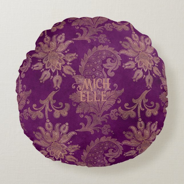 Paarse en Gold Damask Rond Kussen (Voorkant)