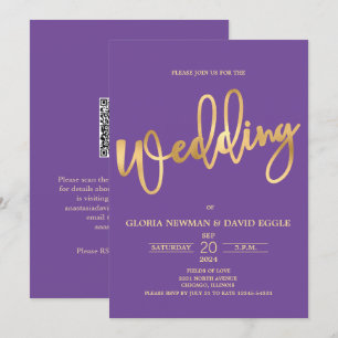 Paarse en Gold Scripting QR Code Wedding Kaart