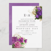 Paarse en goud Floral Monogram Weddenschap Kaart (Voorkant / Achterkant)