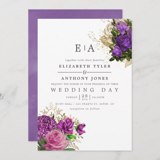 Paarse en goud Floral Monogram Weddenschap Kaart (Voorkant / Achterkant)