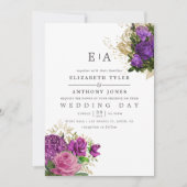 Paarse en goud Floral Monogram Weddenschap Kaart (Voorkant)