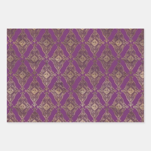 PAARSE EN GOUDE PATRONEN EN STROMEN INPAKPAPIER VEL (Voorkant)