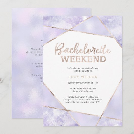 Paarse en gouden Bachelorette Weekenduitnodiging Kaart (Voorkant / Achterkant)