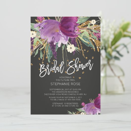 Paarse en gouden bloemen bruidsdouche uitnodiging