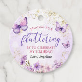 Paarse en gouden bloemen vlinder 1e verjaardag bedankjes labels (Voorkant)