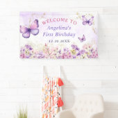 Paarse en gouden bloemen vlinder 1e verjaardag spandoek (Insitu)