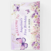 Paarse en gouden bloemen vlinder 1e verjaardag spandoek (Verticaal)