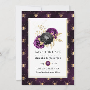 Paarse en gouden bloemenspinnen gotische bruiloft save the date
