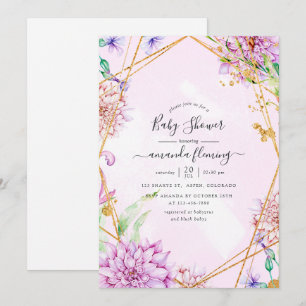 Paarse en gouden bloemige geometrische babyshower kaart