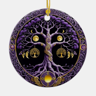 Paarse en Gouden Boom des Levens Mandala Keramisch Ornament