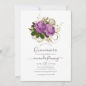 Paarse en Gouden Chic Bloemen Quinceañera Kaart (Voorkant)