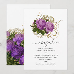 Paarse en Gouden Chic Bloemen Verjaardagsfeest Kaart