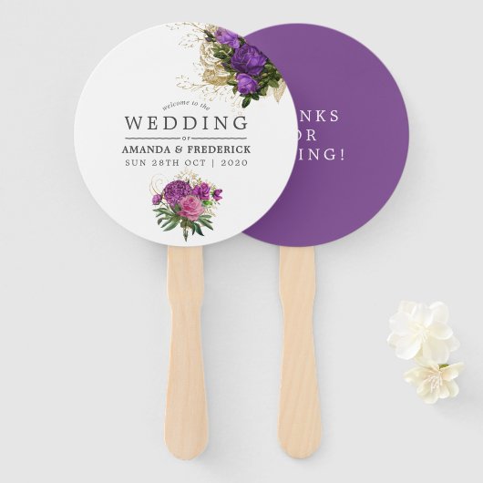 Paarse en gouden  chic Wedding Favor Handwaaier (Voorkant en achterkant)