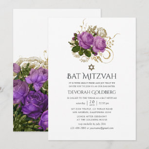 Paarse en Gouden Chique Bat Mitzvah Kaart