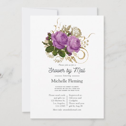 Paarse en gouden  chique bloemendouche per post kaart (Voorkant)