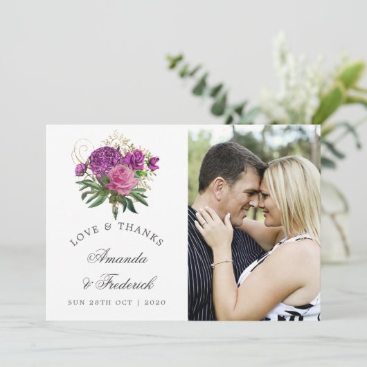 Paarse en gouden  chique bruiloft dank u bedankkaart (Staand voorkant)