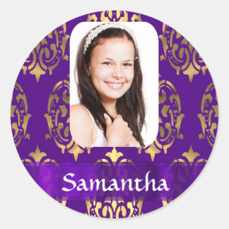 Paarse en gouden Damask foto template Ronde Sticker