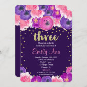 paarse en gouden derde 3e verjaardagsuitnodiging kaart (Voorkant / Achterkant)