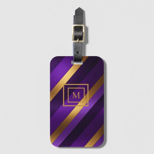 Paarse en Gouden Diagonaal Gestreept Monogram Bagagelabel (Voorkant (verticaal))