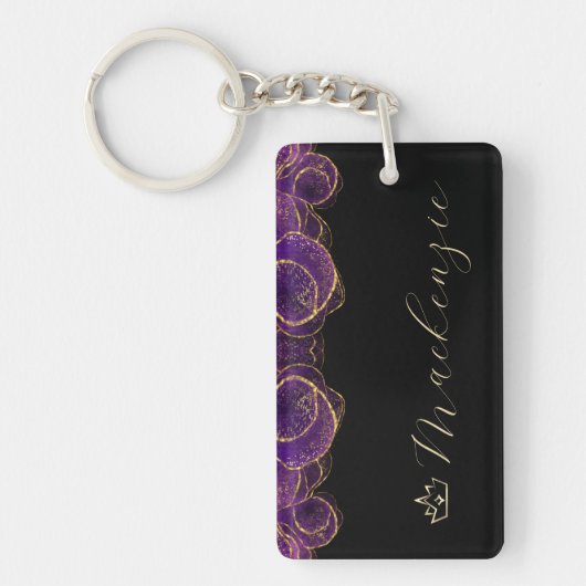 Paarse en gouden Elegant Script gepersonaliseerd Sleutelhanger (Voorkant)