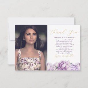 Paarse en gouden elegante bloemenfoto Quinceañera Bedankkaart