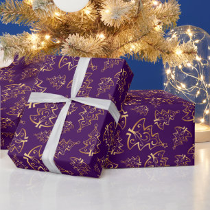 Paarse en Gouden Elegante Kerstbomen Cadeaupapier