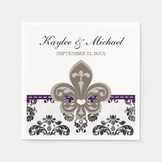 Paarse en gouden Fleur de Lis bruiloft Servetten (Voorkant)