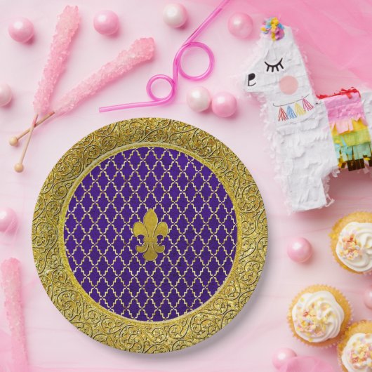 Paarse en gouden Fleur-de-lis Papieren Bordje (Feest)