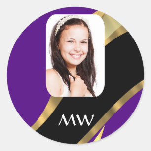 Paarse en gouden foto template ronde sticker