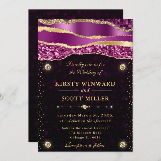 Paarse en gouden glam tranen bokeh bruiloft kaart (Voorkant / Achterkant)