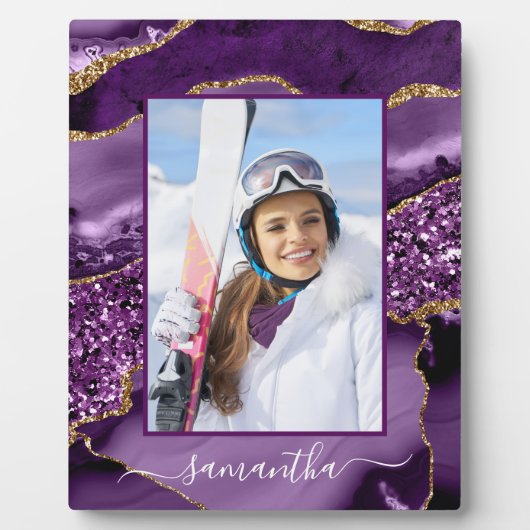 Paarse en Gouden Glitter Agaat Elegante Naam Foto Fotoplaat (Voorkant)