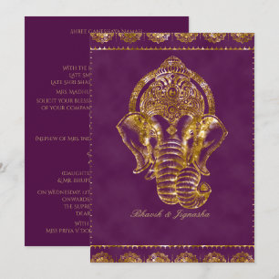 Paarse en gouden glitter Indiase huwelijksuitnodig Kaart