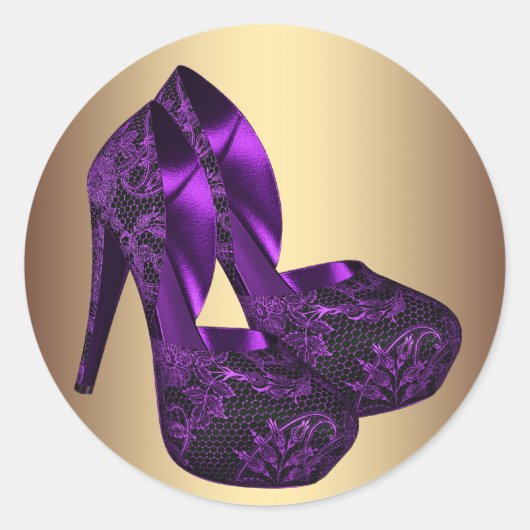 Paarse en gouden hooggehakte schoenstickers ronde sticker (Voorkant)