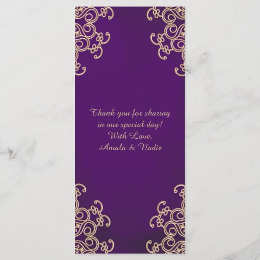 Paarse en gouden Indiase stijl Menu Kaarten (Achterkant)