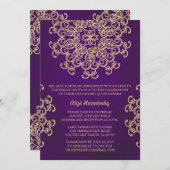 PAARSE EN GOUDEN INDIASE STIJL QUINCE UITNODIGING (Voorkant / Achterkant)