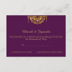 Paarse en Gouden Indiase Wedding Response Kaart