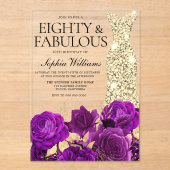 Paarse en gouden jurk 80ste verjaardagsfeest acryl uitnodigingen (Voorkant)