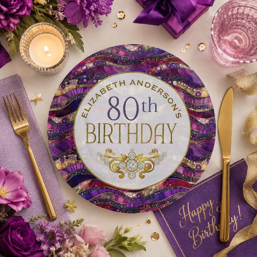Paarse en gouden juwelen strata 80ste verjaardag papieren bordje