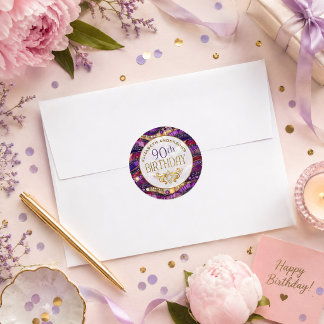 Paarse en gouden juwelen strata 90ste verjaardag ronde sticker
